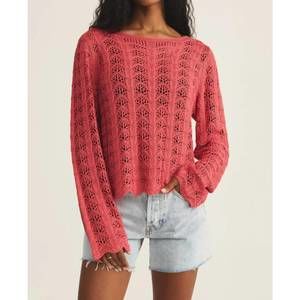 Z Supply Crochet Knit Long Sleeve Top in Coral Pink